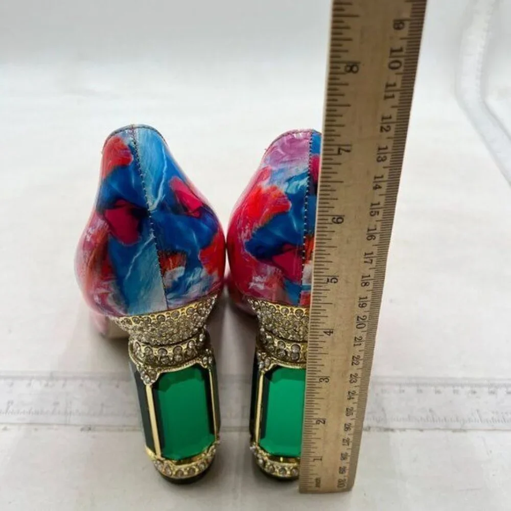 FSJ Women Stylish Closed Toe Rhinestone Emerald Chunky High Heel Pumps - Picture 5 of 8